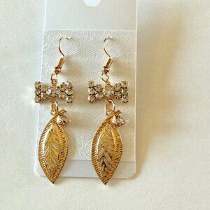 Gold Color Rhinestone Bow Leaf Drop Earrings Fashion Jewelry